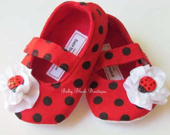 Ladybug Red & Black Polka Dot Baby Shoes Soft Ballerina Slippers Baby Booties Maryjane