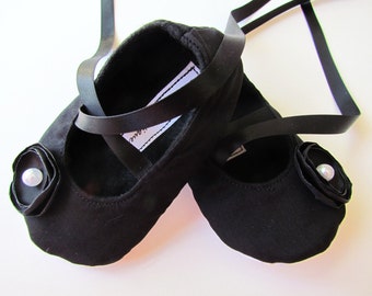 All Black Baby Shoes - Soft Ballerina Slippers (Cotton) Baby Booties