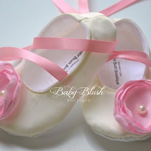 Ivory Satin Baby Shoes Soft Ballerina Slipper With Light Pink Flower and Ribbon Ties image 2
