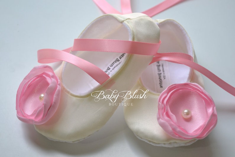 Ivory Satin Baby Shoes Soft Ballerina Slipper With Light Pink Flower and Ribbon Ties image 2