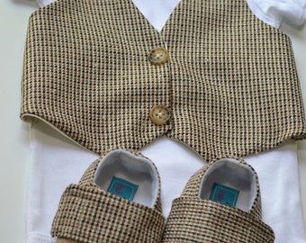 Braun Tan Weste Fliege Baby Boy Outfit Foto Prop passende Schuhe