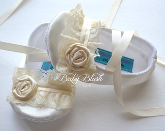 Ivory Satin Baby Shoes Ballerina Slippers with Ivory Lace & Ivory Rosette