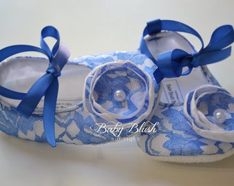 Royal Blue Lace on White Vintage Baby Shoes Ballerina Slippers