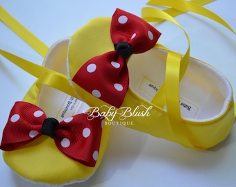 Yellow Minnie Inspired Baby Shoes with Red Polka Dot Bow Soft Ballerina Slippers Baby Booties