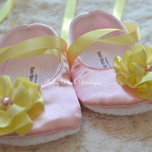 Baby Pink Satin Baby Shoes Soft Ballerina Slipper with Maize Ribbon ties & Flower Pink Lemonade image 2