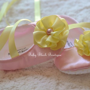 Baby Pink Satin Baby Shoes Soft Ballerina Slipper with Maize Ribbon ties & Flower Pink Lemonade image 3