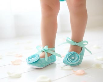 Aqua Lace Ballerina Baby Shoes: Soft Infant Slippers, Photo Outfit, Baby Shower Boutique Style