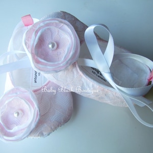 Pink Lace on White Vintage Baby Shoes Ballerina Slippers