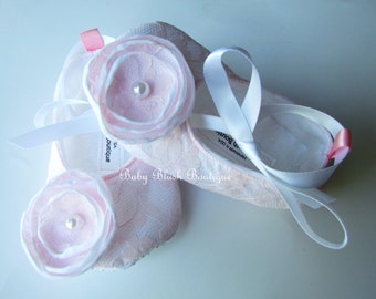 Pink Lace on White Vintage Baby Shoes Ballerina Slippers