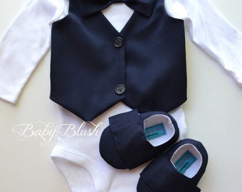 Navy Vest Bow tie Baby Boy Outfit Photo Prop Matching Shoes