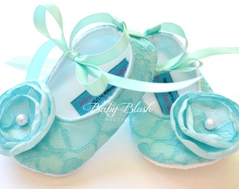 Aqua Lace Vintage Baby Shoes Ballerina Slippers