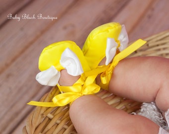 Yellow Satin Baby Shoes with White Bow Soft Ballerina Slippers Baby Booties