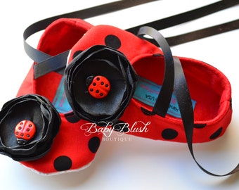 Ladybug Red with Black Polka Dots Baby Shoes - Soft Ballerina Slippers Baby Booties