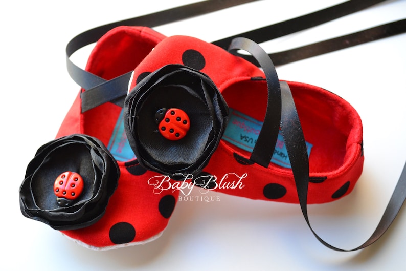 Ladybug Red with Black Polka Dots Baby Shoes Soft Ballerina Slippers Baby Booties image 1