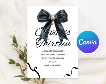 Convite de Aniversário Coquette com Laço Preto | Convite para Aniversário de 13 Anos para Adolescente | Modelo Canva (Download Digital)