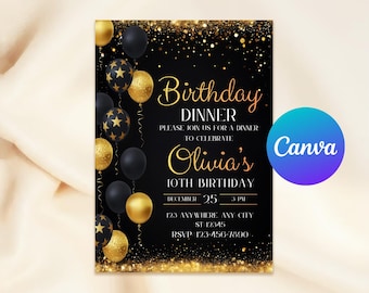 Editable Birthday Dinner Invitation Template Black & Gold | Elegant Adult Birthday Invite | Printable Digital Download