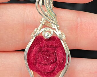 Silver Wire Wrapped Red Velvet Rose Pendant