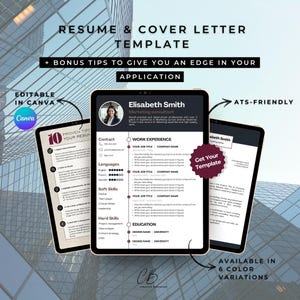 May include: A digital resume and cover letter template with the text "Resume & Cover Letter Template" and "+ Bonus Tips to Give You an Edge in Your Application." The template is editable in Canva and ATS-friendly.