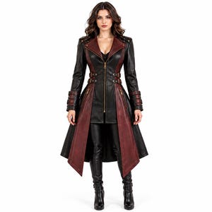 Womens Leather Coat Black Maroon Trench Gothic Steampunk Duster Victorian Long Tailored Biker Outerwear Custom Fit Alternative Festival Wear