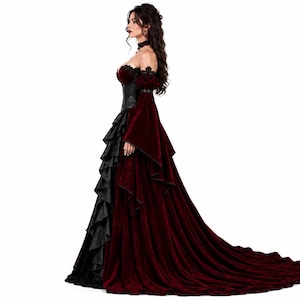 Side view of a Gothic Victorian dress with black leather corset, burgundy velvet bell sleeves, and a dramatic long train. This vampire queen gown is ideal for Halloween, cosplay, or Gothic formal wear.