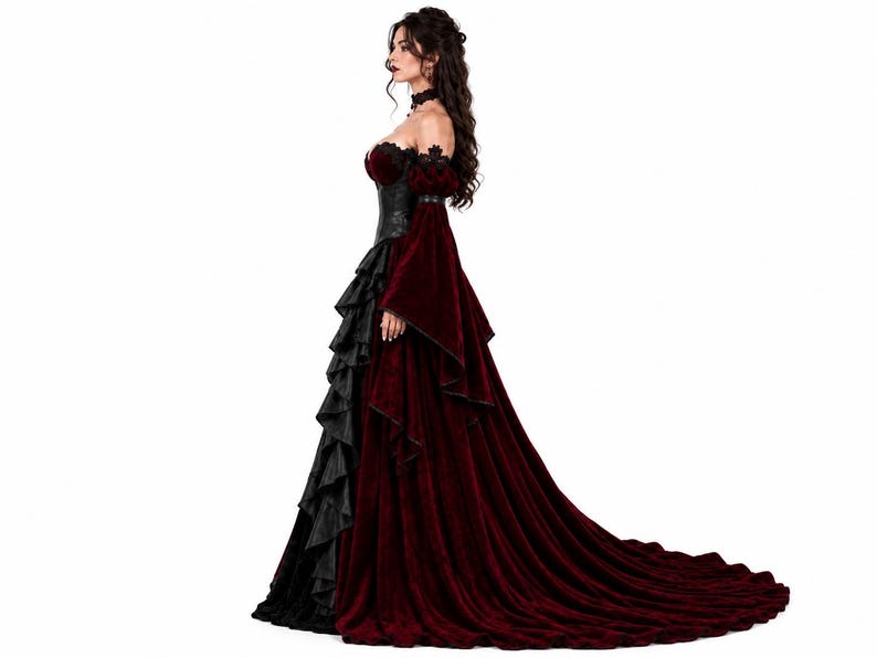 Side view of a Gothic Victorian dress with black leather corset, burgundy velvet bell sleeves, and a dramatic long train. This vampire queen gown is ideal for Halloween, cosplay, or Gothic formal wear.