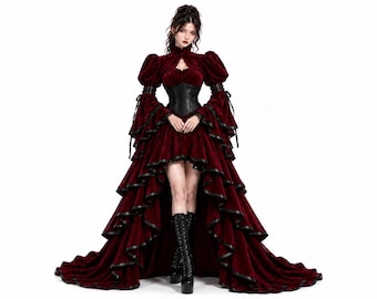 Könnte beinhalten: Ein dunkelrotes Samtkleid im Vokuhila-Stil mit langen Puffärmeln, schwarzen Schnürdetails, Stehkragen und einem strukturierten schwarzen Korsett-Taillenbereich. Der Rock besteht aus mehreren gestuften Rüschen mit schwarzem Saum und schwarzen Schnürstiefeln.