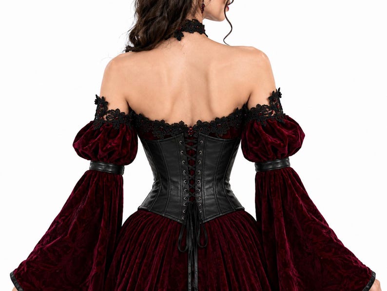 Back view of a Gothic Vampire Queen dress showing a black leather corset with lace-up detail, off-shoulder black lace trim, and puff sleeves with burgundy velvet. Ideal for Gothic cosplay and vampire costumes.