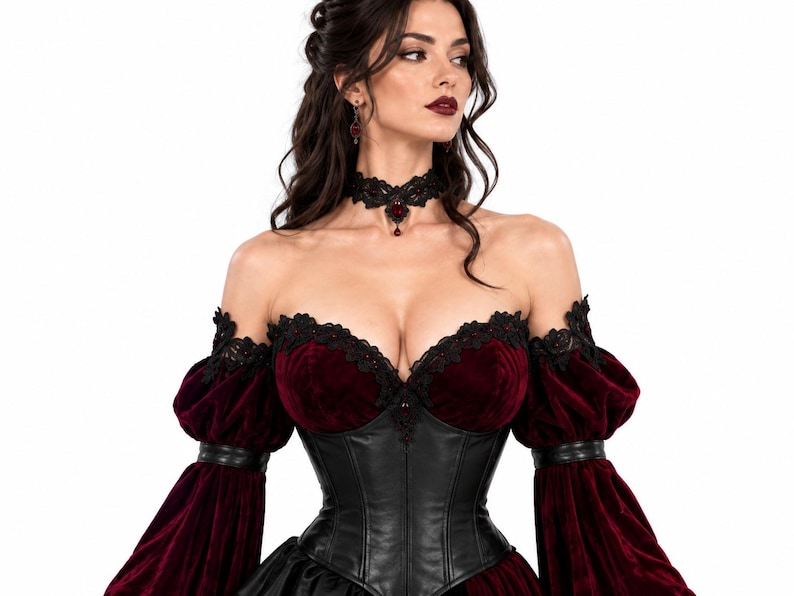 Close-up of the off-shoulder neckline on a Gothic Vampire Queen dress, featuring black lace trim with red gemstones, a burgundy velvet bust, black leather corset, and a matching black lace choker necklace.