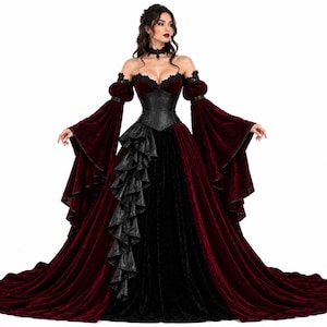 Full front view of a Victorian Gothic gown featuring a black leather corset, burgundy velvet bell sleeves, layered black leather ruffles, and a long dramatic train. Great for vampire queen cosplay or Halloween.