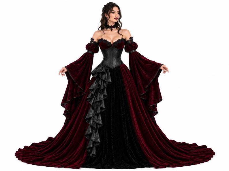 Full front view of a Victorian Gothic gown featuring a black leather corset, burgundy velvet bell sleeves, layered black leather ruffles, and a long dramatic train. Great for vampire queen cosplay or Halloween.