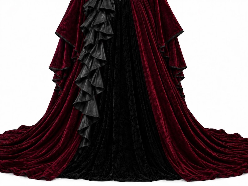 Close-up of the skirt on a Gothic Vampire Queen dress showing layered black leather ruffles cascading over a burgundy velvet skirt with a long train. Victorian Gothic gown detail for cosplay.