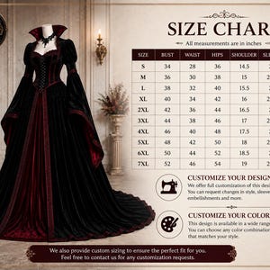Custom Gothic gown options showing personalized sizing, custom color choices and custom design modifications for a tailored fit.