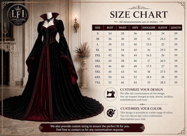Custom Gothic gown options showing personalized sizing, custom color choices and custom design modifications for a tailored fit.