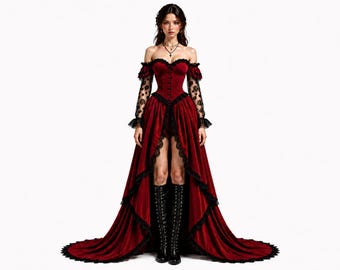 Könnte beinhalten: Ein tiefrotes Samtkleid mit schulterfreiem Ausschnitt, einem Korsett-Oberteil mit Frontknöpfen und langen, transparenten schwarzen Spitzenärmeln. Der Rock hat einen asymmetrischen Saum mit schwarzer Spitzenborte, kombiniert mit Schnürstiefeln.