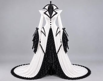 Könnte beinhalten: Ein bodenlanges Kleid mit weißem Oberteil, hohem Kragen, schwarzer Verzierung und einer Reihe schwarzer Knöpfe. Der Rock hat eine weiße Lage mit spitzen Einsätzen und einen schwarzen, gerüschten Unterrock. Lange Ärmel mit schwarzen Schleifen.