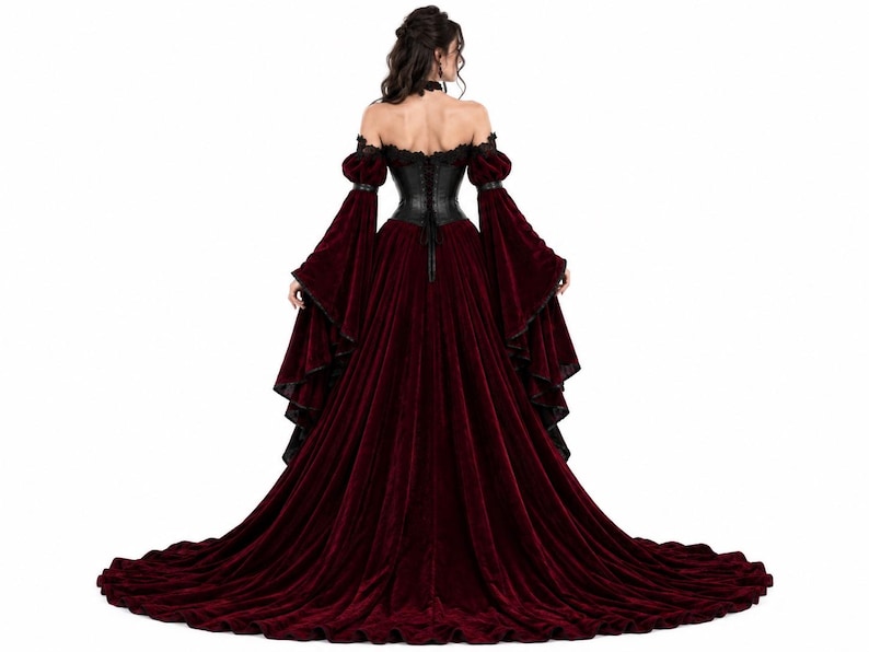 Back view of a Gothic Victorian gown showing the black leather corset back with lace-up ties, off-shoulder burgundy velvet sleeves, and a long flowing burgundy velvet train with black ruffles.