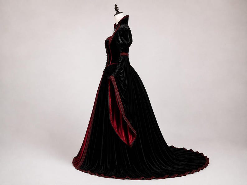 Victorian vampire dress shown from the side, featuring structured corset shaping, puff shoulders, wide bell sleeve, full skirt and natural train.