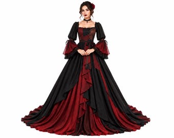 Könnte beinhalten: Ein bodenlanges Kleid mit eckigem Ausschnitt, langen Glockenärmeln mit Spitzenbesatz und einem Oberteil mit durchgehender Knopfleiste. Der Rock besteht aus abwechselnden Bahnen aus schwarzem und dunkelrotem Stoff, was eine voluminöse Silhouette erzeugt.