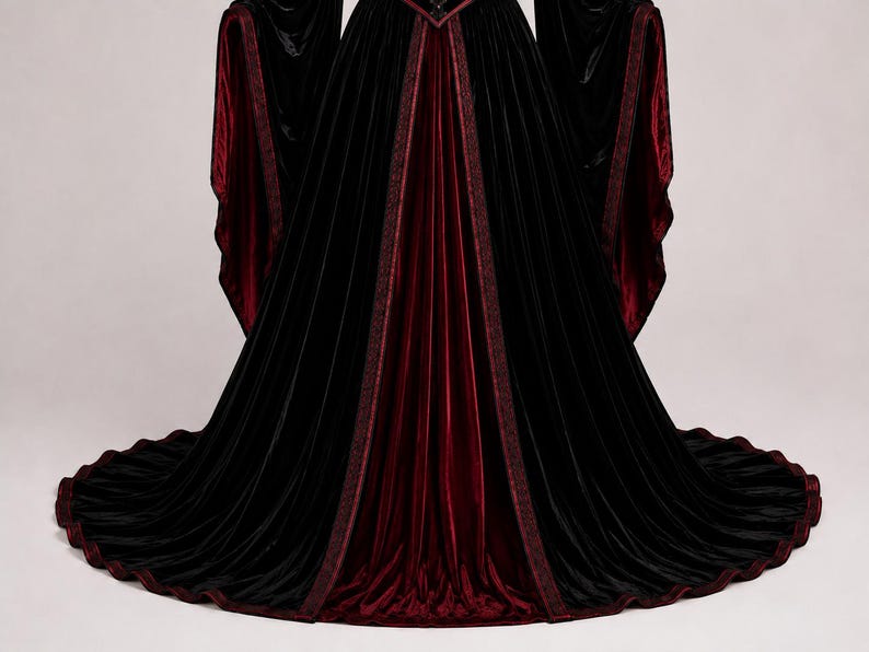 Close-up of the Gothic corset bodice showing rich velvet texture, burgundy trim, sweetheart neckline, stitching and decorative front fasteners.