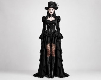 May include: A black ensemble featuring a top hat with feathers, a long-sleeved corset bodice with puff shoulders, and a high-low skirt with layered ruffles. The outfit includes fishnet stockings, black gloves, and knee-high lace-up platform boots.