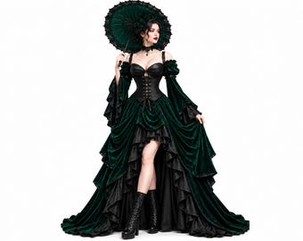 Könnte beinhalten: Ein dunkelgrünes Samtkleid mit hohem Saum vorne und langem Saum hinten, schwarzem Korsett-Oberteil und schulterfreien Ärmeln. Das Set enthält ein schwarzes Spitzenhalsband und einen passenden dunkelgrünen Sonnenschirm mit schwarzer Spitzenborte sowie schwarze Schnürstiefel.