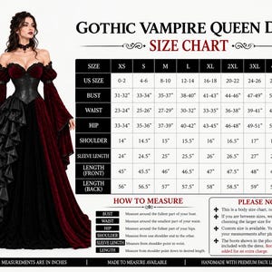 Gothic Vampire Queen dress size chart with US sizes XS to 4XL, including bust, waist, hip, shoulder, sleeve, and length measurements. Custom sizing is available for this burgundy and black velvet gown.