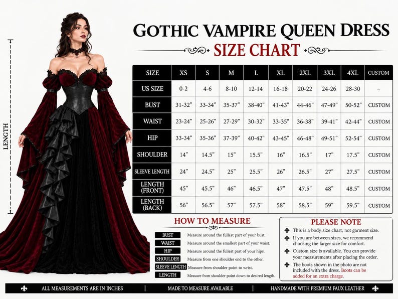 Gothic Vampire Queen dress size chart with US sizes XS to 4XL, including bust, waist, hip, shoulder, sleeve, and length measurements. Custom sizing is available for this burgundy and black velvet gown.