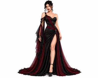 Könnte beinhalten: Ein bodenlanges Kleid mit einem schwarzen Korsett-Oberteil, herzförmigem Ausschnitt und einem einzelnen Träger. Der Rock hat einen hohen Schlitz vorne, ist mit transparenten schwarzen und dunkelroten Stoffbahnen überlagert und hat eine lange Schleppe.