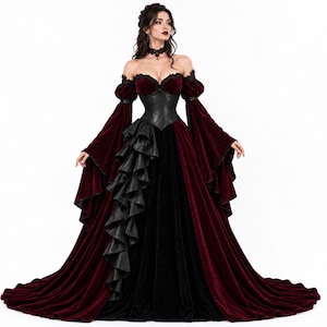 Front full-length view of a Gothic Vampire Queen dress in burgundy velvet and black leather, featuring a corset bodice, off-shoulder lace, bell sleeves, and a long sweeping train for a dramatic vampire look.