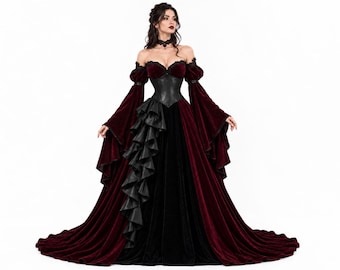 Könnte beinhalten: Ein bodenlanges Kleid mit einem tief burgunderroten Samtoberteil und Rock sowie kontrastierenden schwarzen Samteinsätzen. Das Kleid verfügt über schulterfreie Ärmel, eine schwarze Korsett-Taille und einen vertikalen schwarzen Rüschenbesatz.
