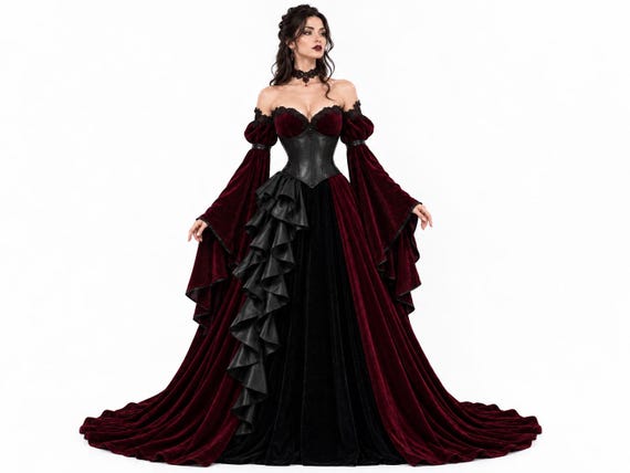 Gothic Vampire Dress, Burgundy Velvet Gown, Black Leather Corset, Victorian Cosplay, Bell Sleeve