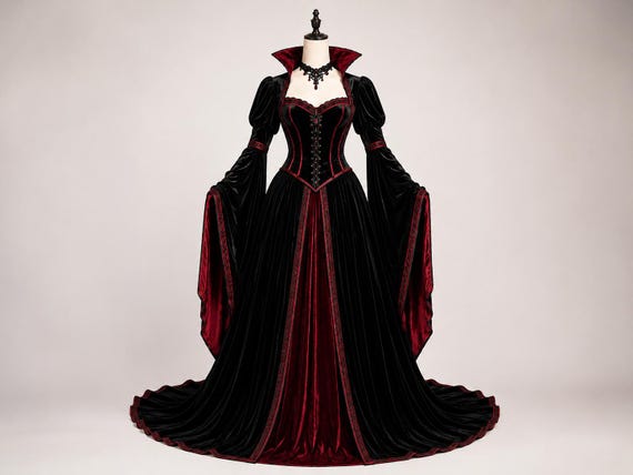 Vampire Dress Gothic Victorian Corset Gown, Renaissance Maxi Dress, Velvet Bell Sleeve Outfit, Custom Size Color Design, LARP Costume