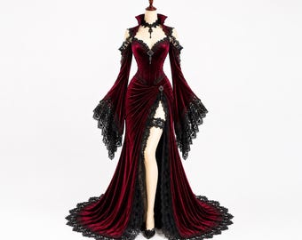 May include: A floor-length deep red velvet gown featuring a high collar, cold-shoulder design, and long flared sleeves with black lace trim. The dress has a high front slit, a matching black lace choker, and a black lace garter on the leg.