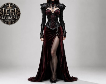 May include: A floor-length dark red velvet skirt with a high side slit, paired with a black lace-up corset top featuring shoulder armor, long sleeves, and a red gemstone accent. The garment includes a circular logo with the text LEFI LEVELFIRE INDUSTRY.